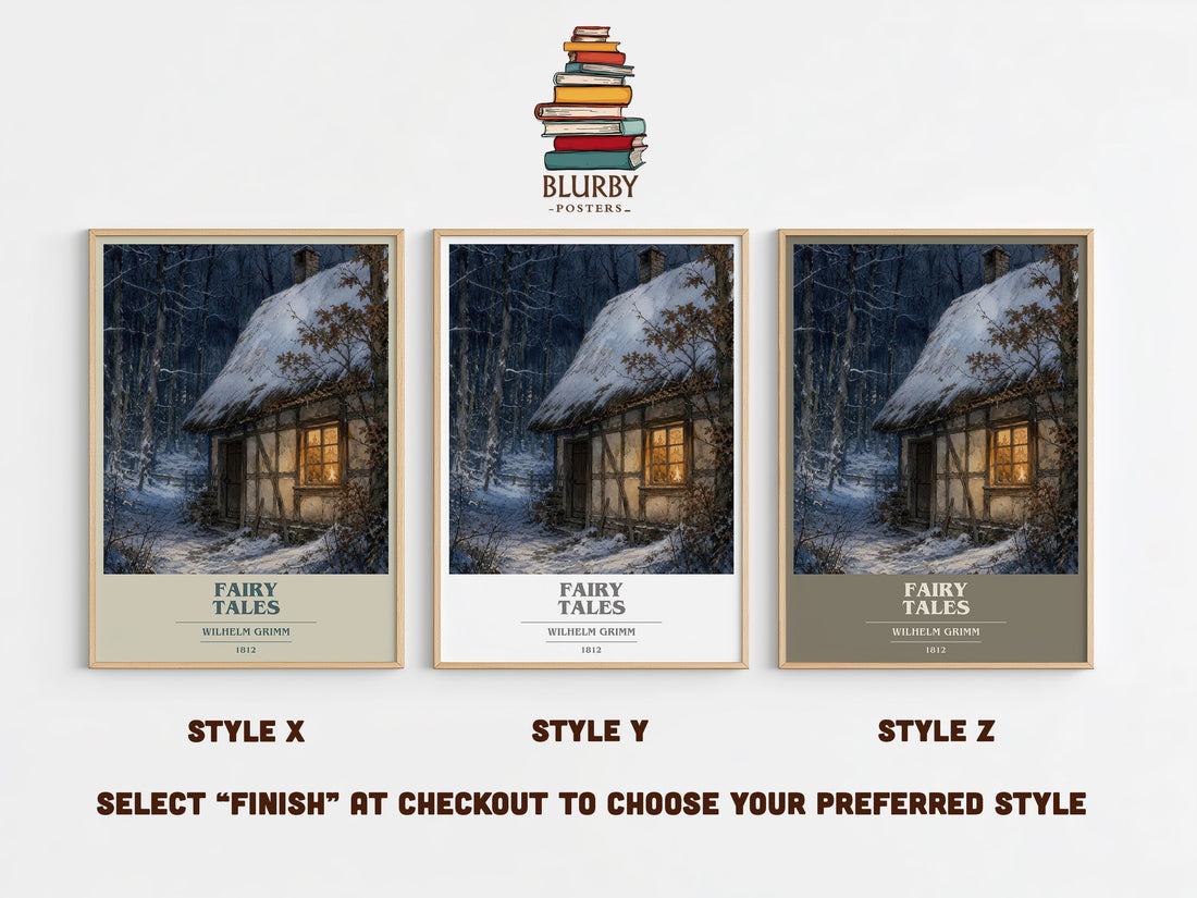 Fairy tales book cover print in frame leaning in hallway – childrens wall art (mockup)