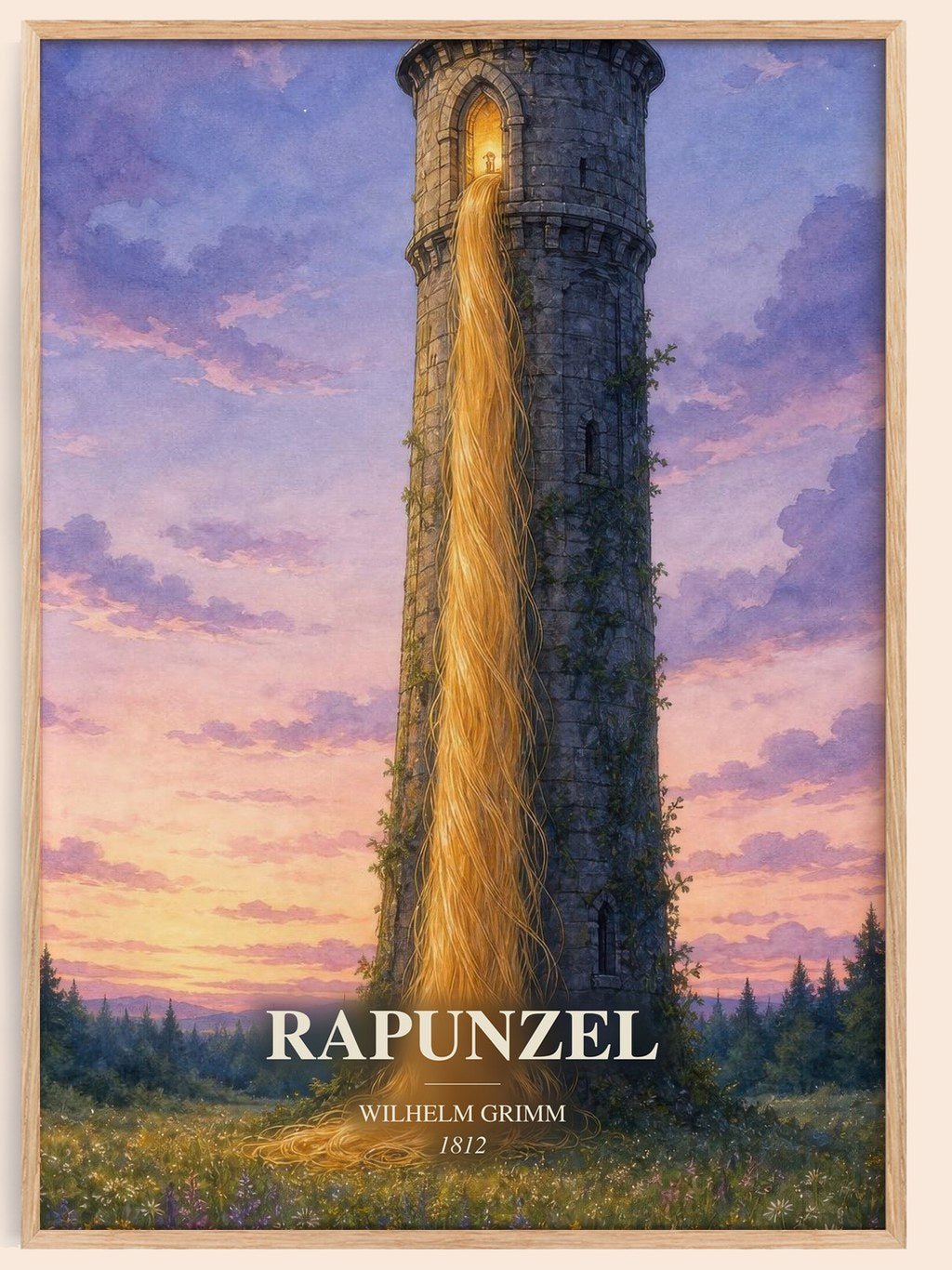 Rapunzel watercolour book poster by Wilhelm Grimm – framed literary art print