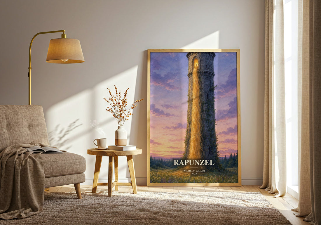 Rapunzel watercolour print in frame leaning in hallway – childrens wall art