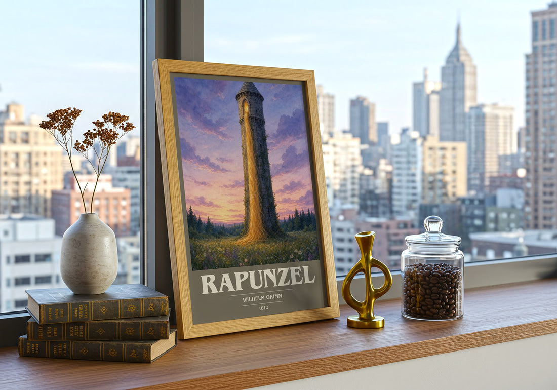 Rapunzel book cover print framed by window – literary home decor