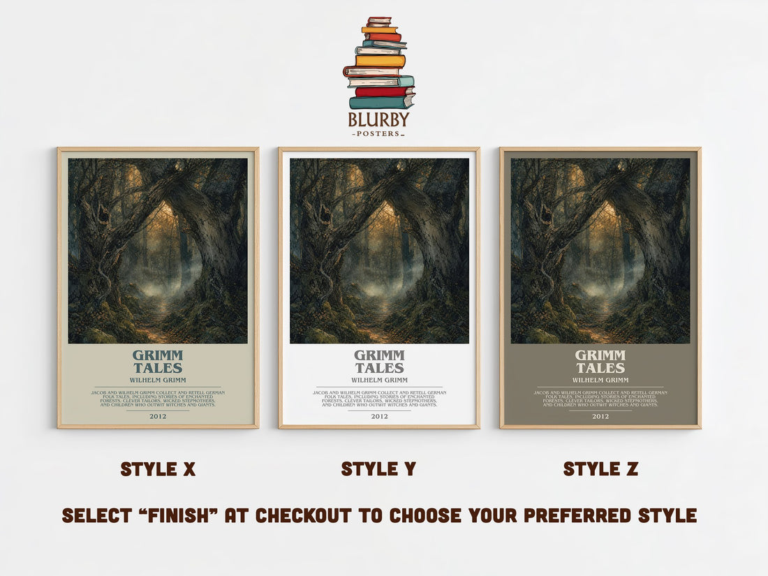 Grimm Tales bookish print in frame leaning in hallway – childrens wall art (mockup)