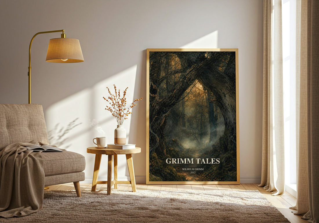 Grimm Tales watercolour print in frame leaning in hallway – childrens wall art