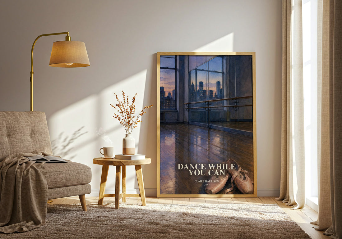 Dance While You Can watercolour print in frame leaning in hallway – contemporary fiction wall art