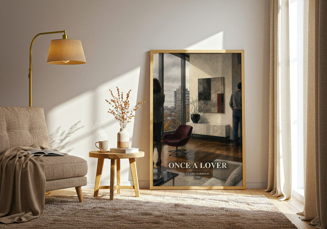 Once a lover watercolour print in frame leaning in hallway – contemporary fiction wall art