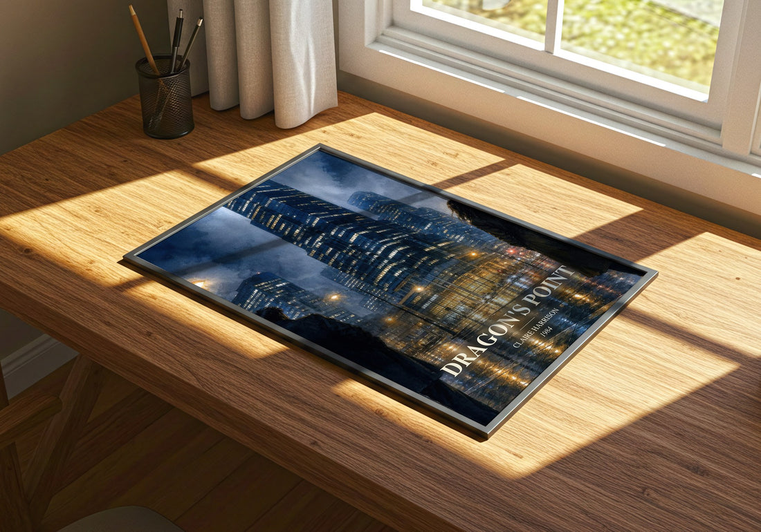 Dragon's Point watercolour book poster framed on wall – literary fiction wall art