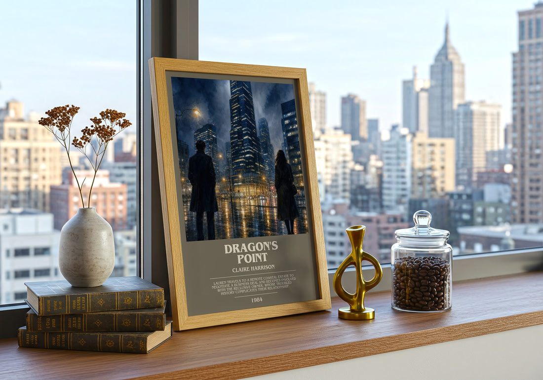 Dragon's Point bookish print framed by window – literary home decor
