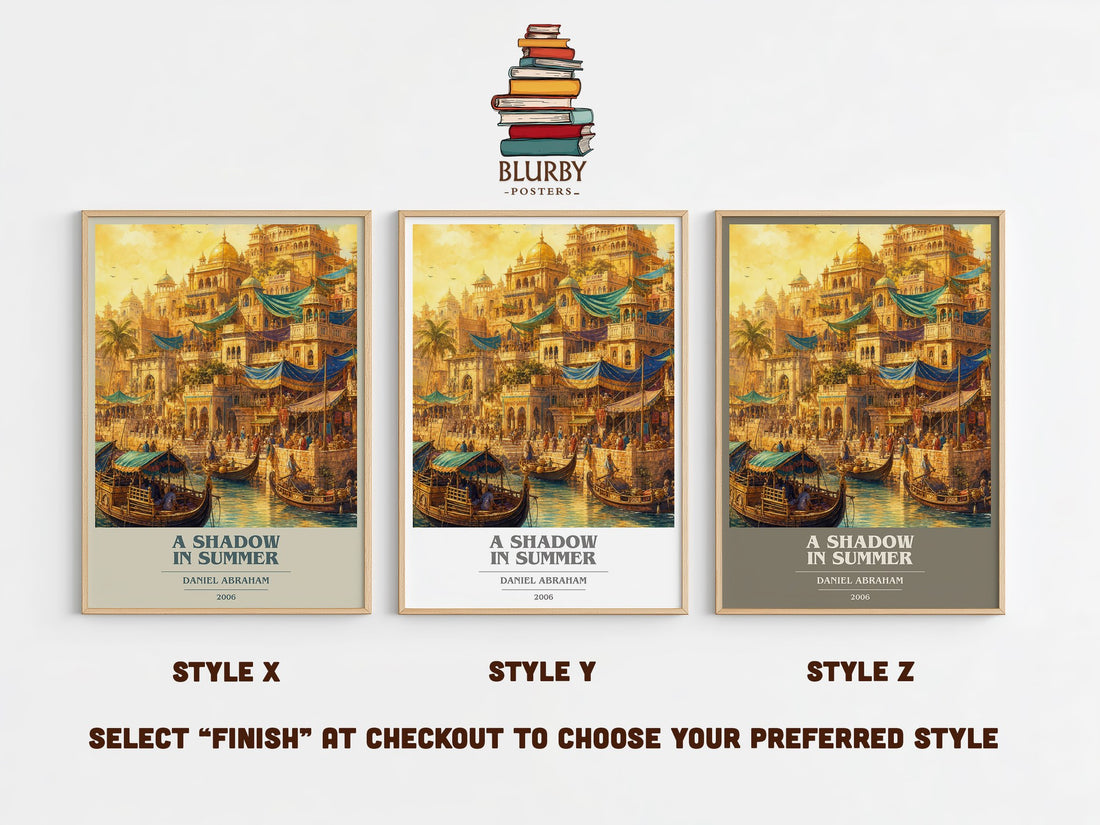 A Shadow in Summer book cover print in frame leaning in hallway – fantasy wall art (mockup)
