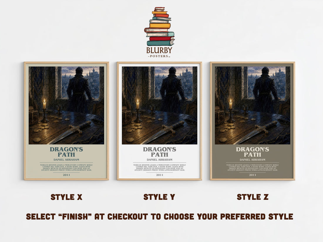 Dragon's Path bookish print in frame leaning in hallway – fantasy wall art (mockup)