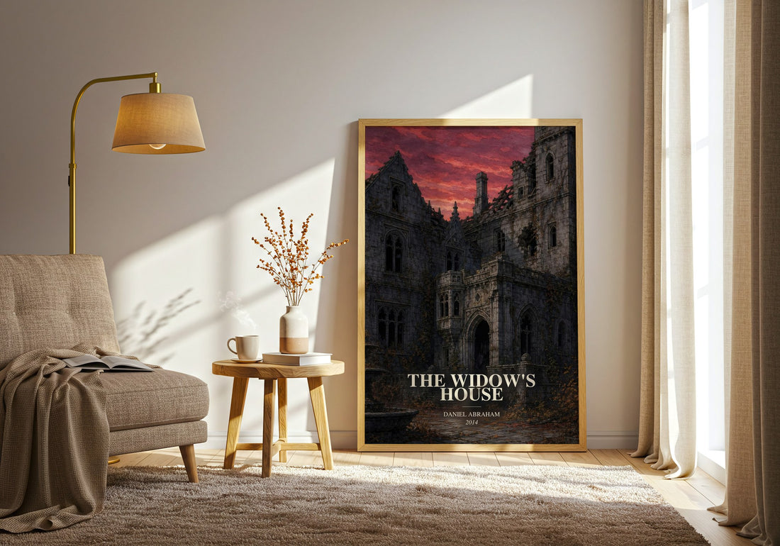 The widow's house watercolour print in frame leaning in hallway – horror wall art