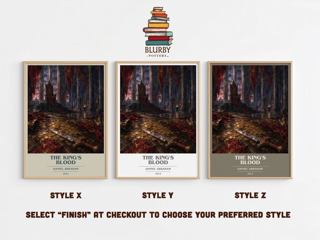 The king's blood book cover print in frame leaning in hallway – fantasy wall art (mockup)