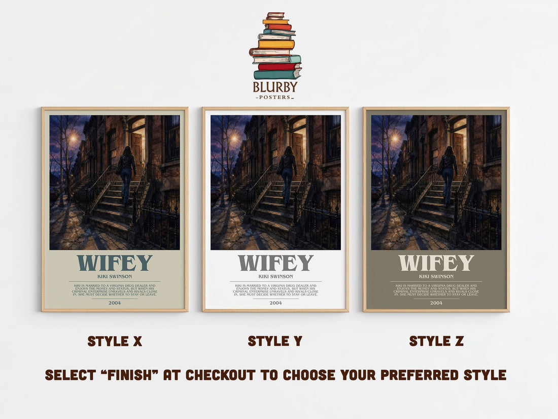 Wifey bookish print in frame leaning in hallway – contemporary fiction wall art (mockup)