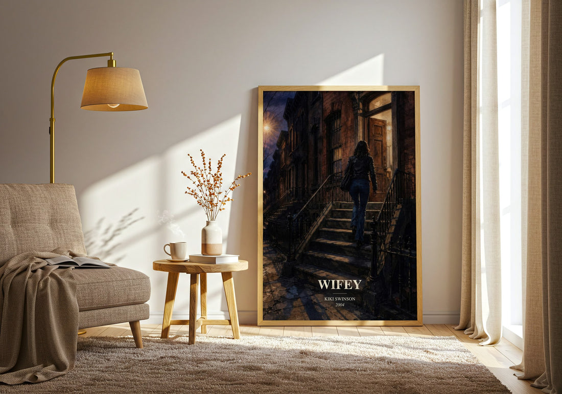 Wifey watercolour print in frame leaning in hallway – contemporary fiction wall art