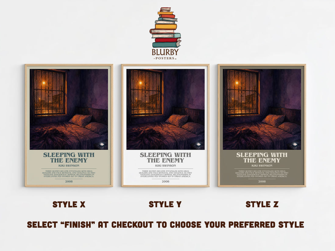 Sleeping with the enemy bookish print in frame leaning in hallway – crime wall art (mockup)