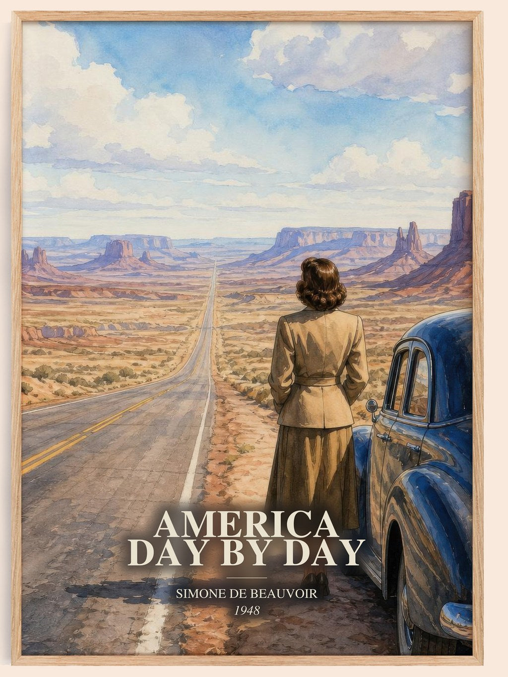 America Day by Day watercolour book poster by Simone de Beauvoir – framed literary art print