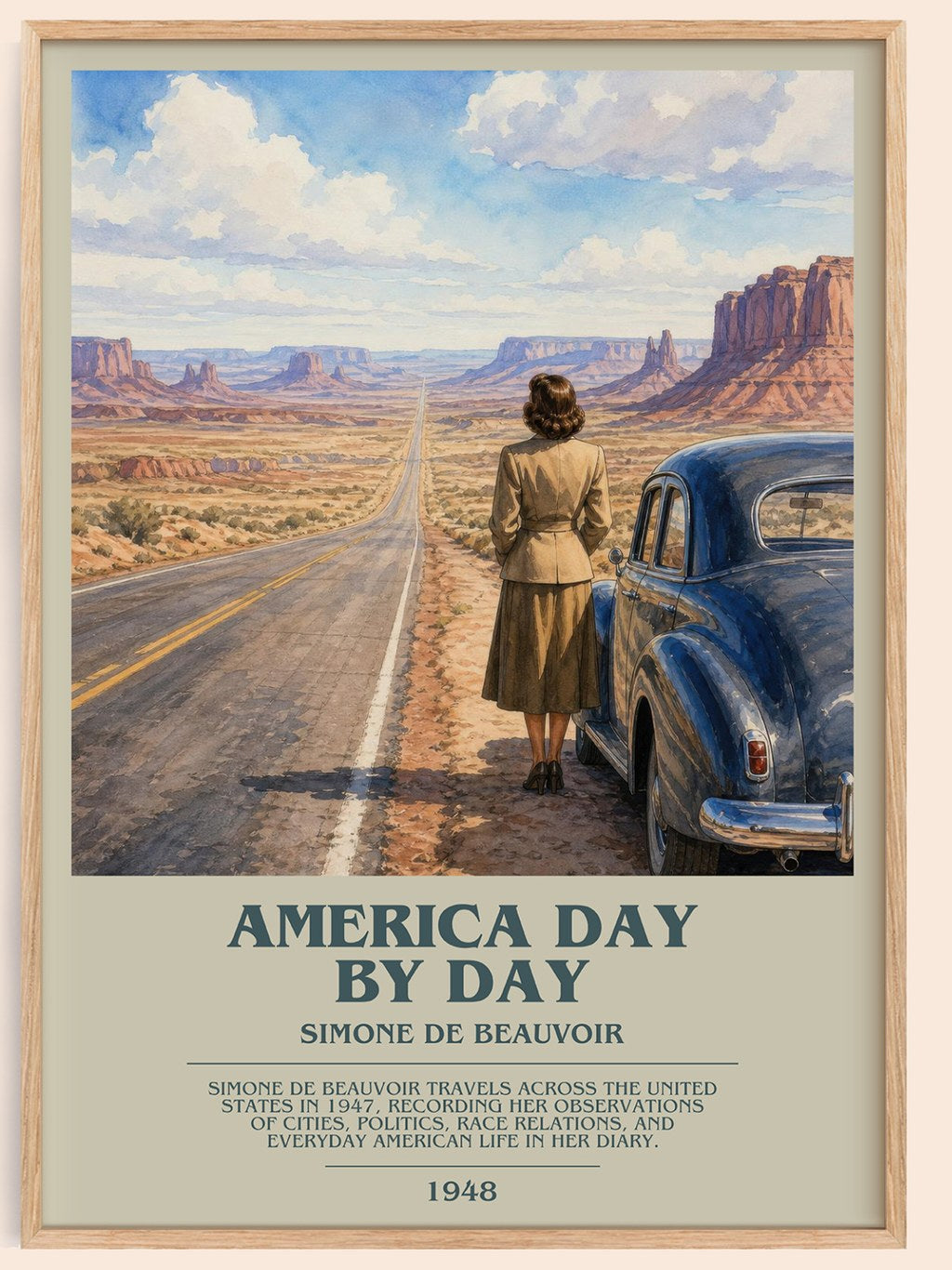 America Day by Day bookish book poster by Simone de Beauvoir – framed literary art print