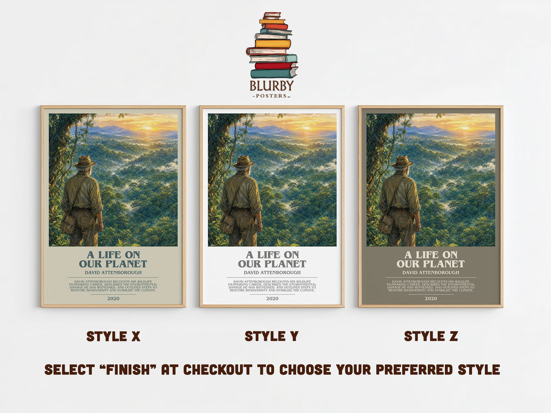 A Life on Our Planet bookish print in frame leaning in hallway – non fiction wall art (mockup)