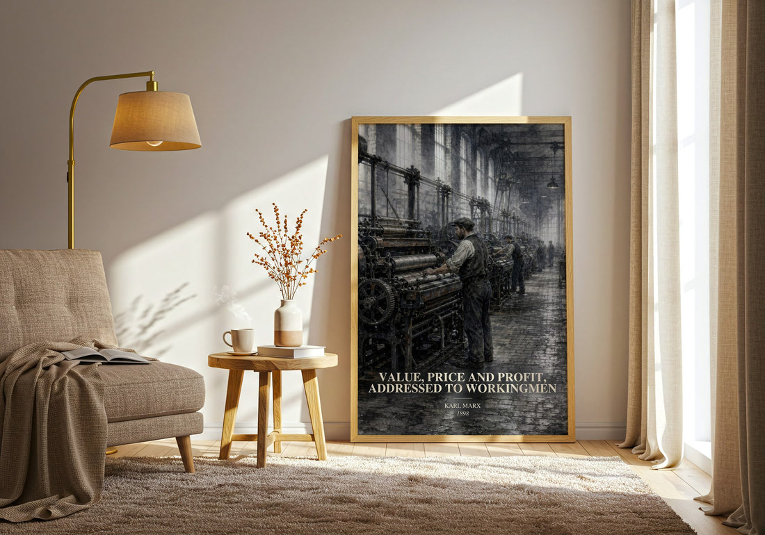 Value, price and profit, addressed to workingmen watercolour print in frame leaning in hallway – non fiction wall art