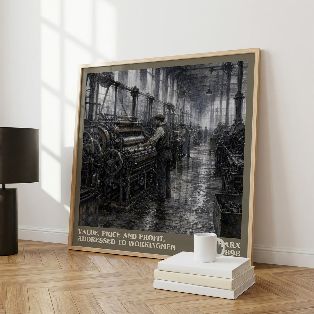 Value, price and profit, addressed to workingmen literary print framed by window – literary home decor