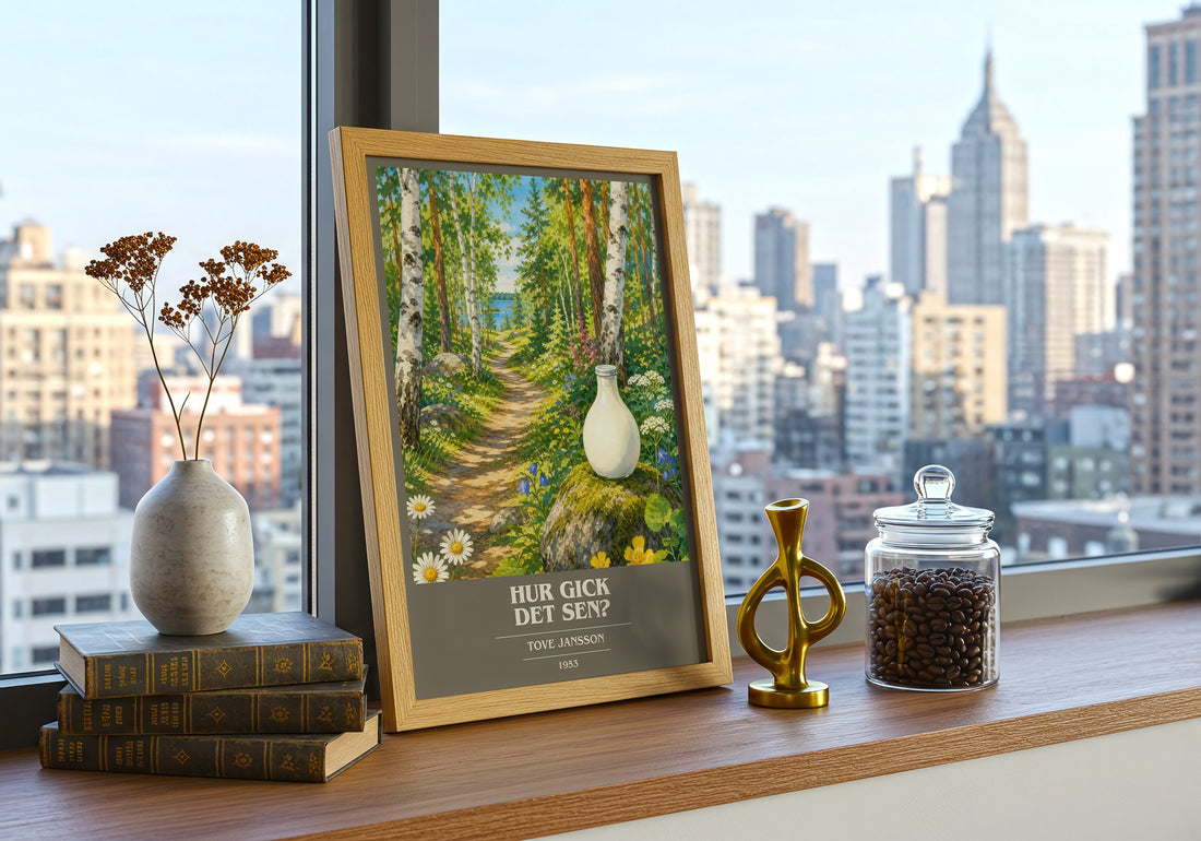 Hur gick det sen? book cover print framed by window – literary home decor