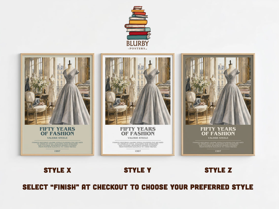 Fifty years of fashion bookish print in frame leaning in hallway – non fiction wall art (mockup)