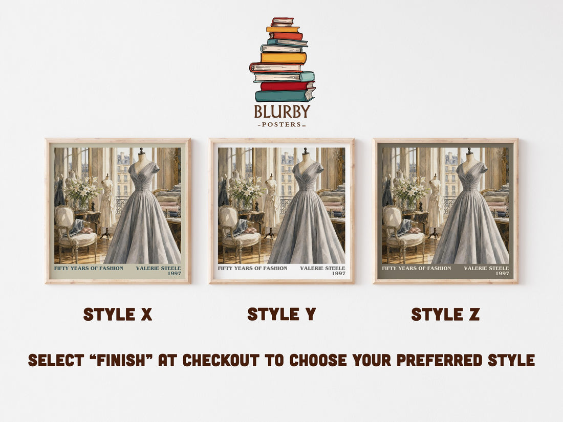 Fifty years of fashion literary print in frame leaning in hallway – non fiction wall art (mockup)