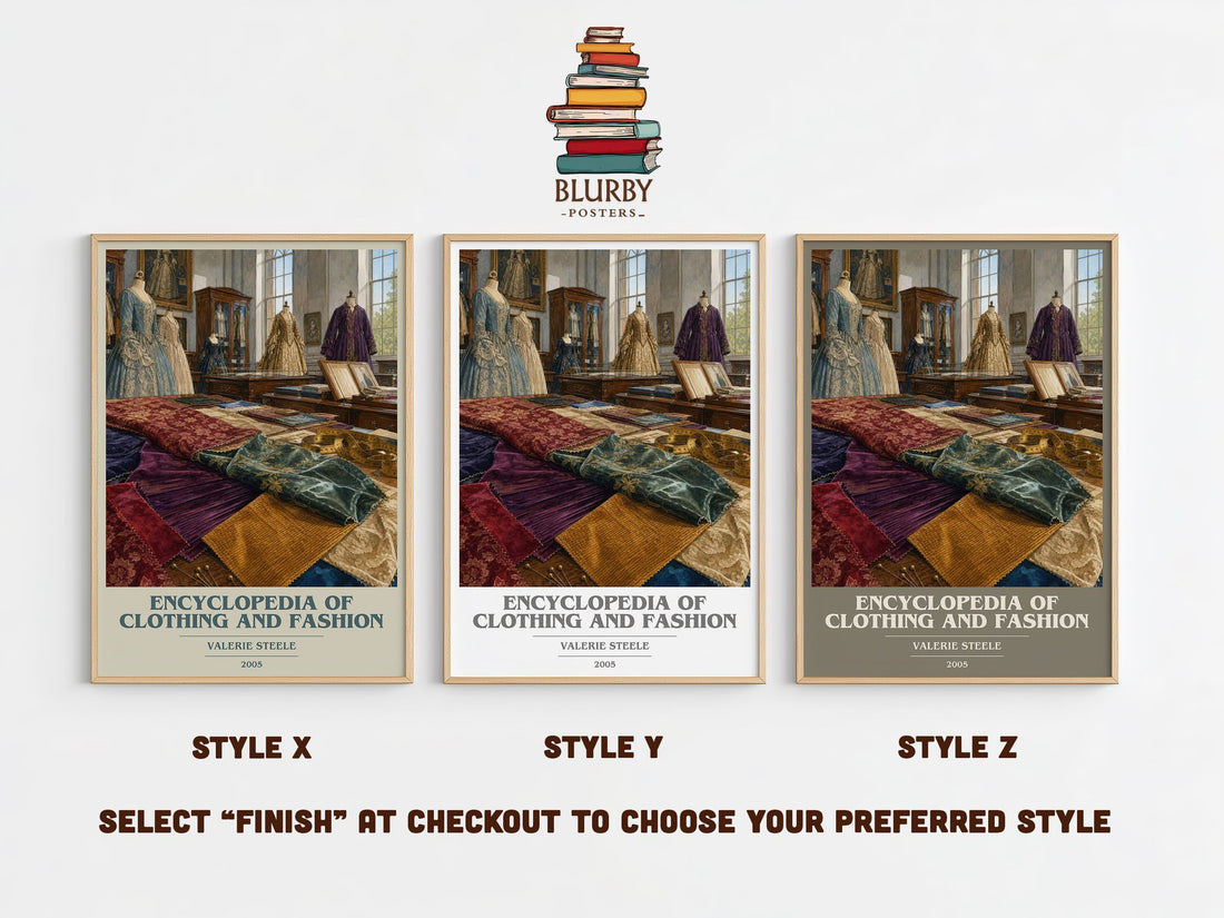 Encyclopedia of clothing and fashion book cover print in frame leaning in hallway – non fiction wall art (mockup)