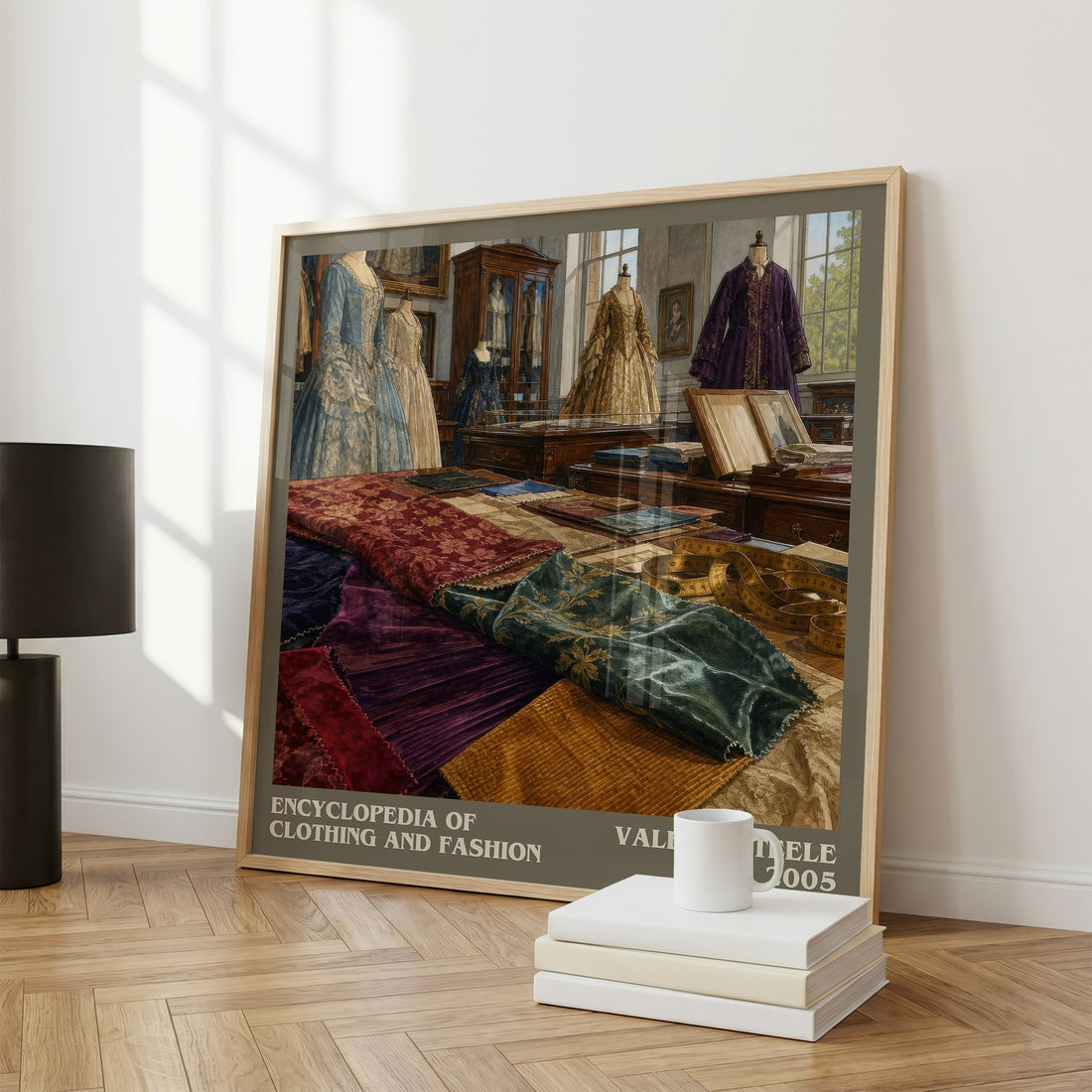 Encyclopedia of clothing and fashion literary print framed by window – literary home decor