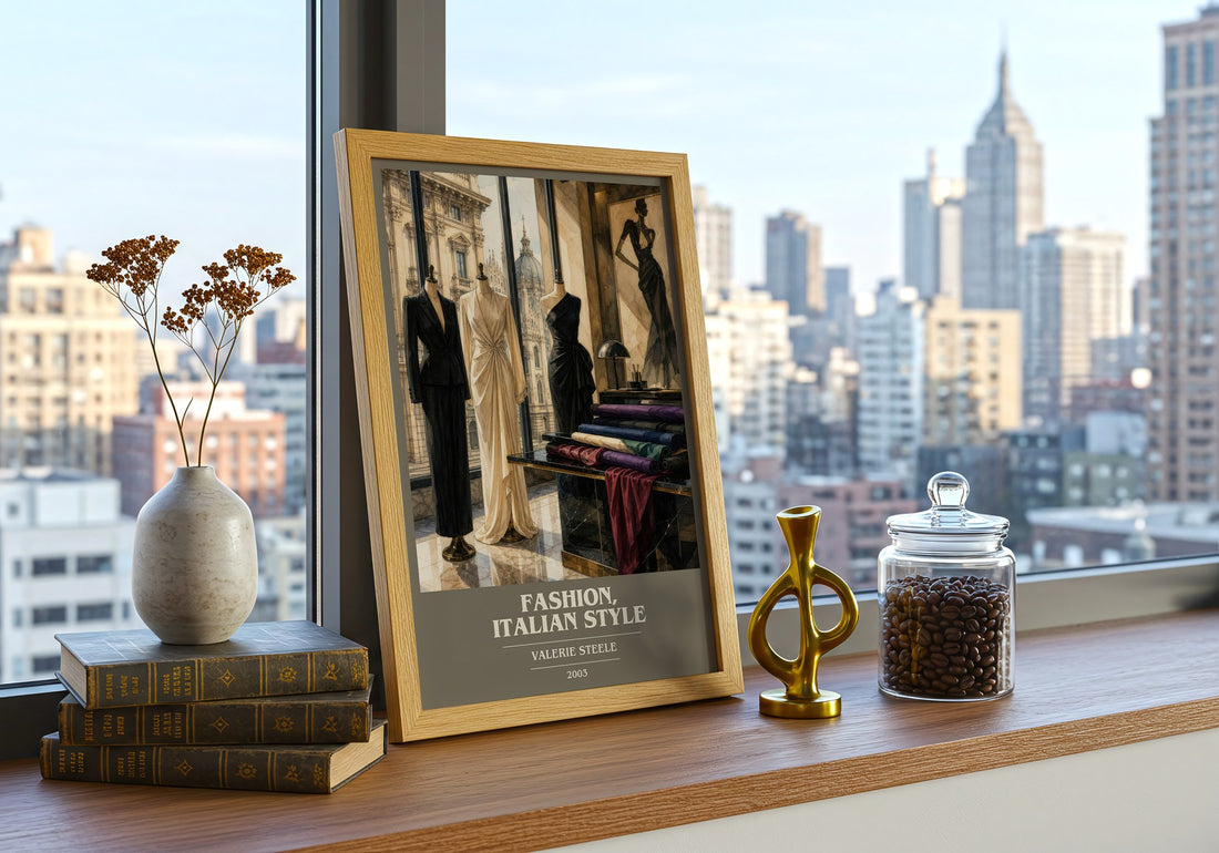 Fashion, Italian style book cover print framed by window – literary home decor