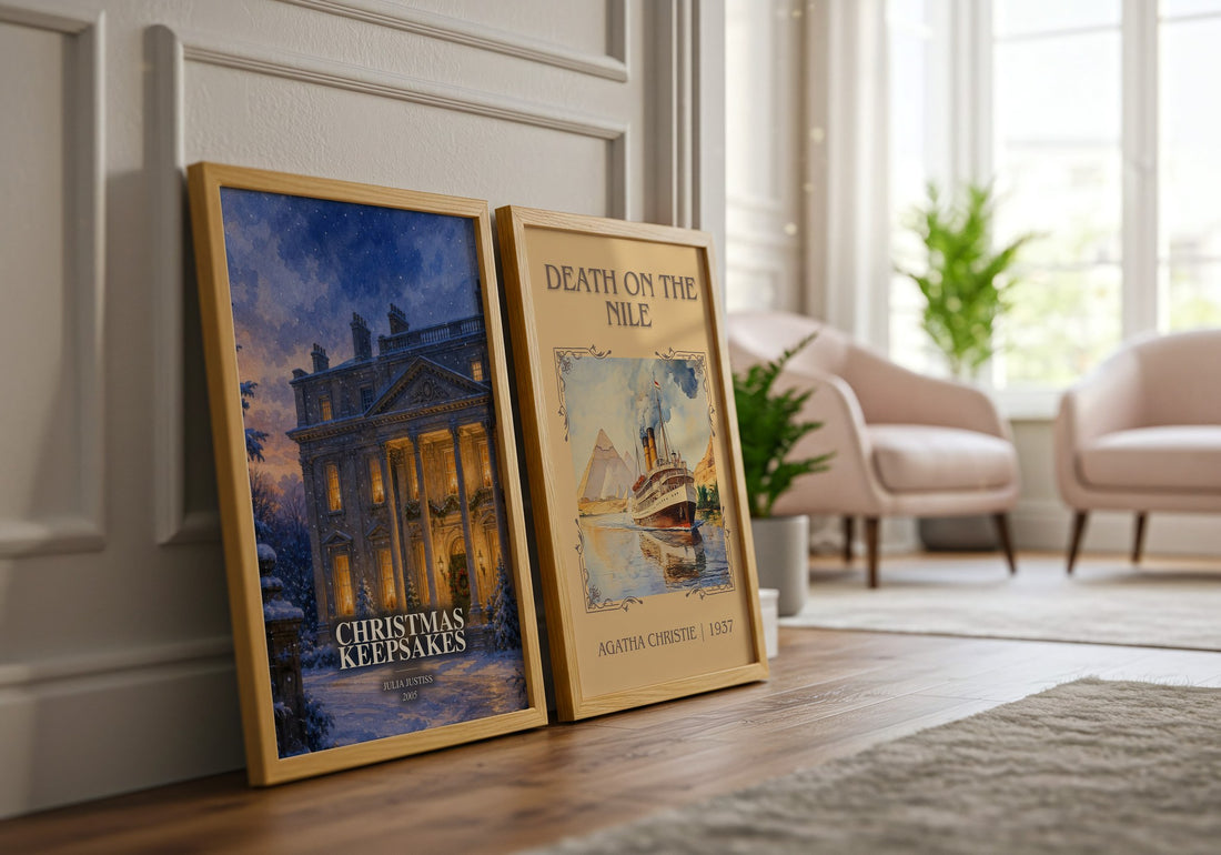 Christmas Keepsakes watercolour print framed by window – literary home decor
