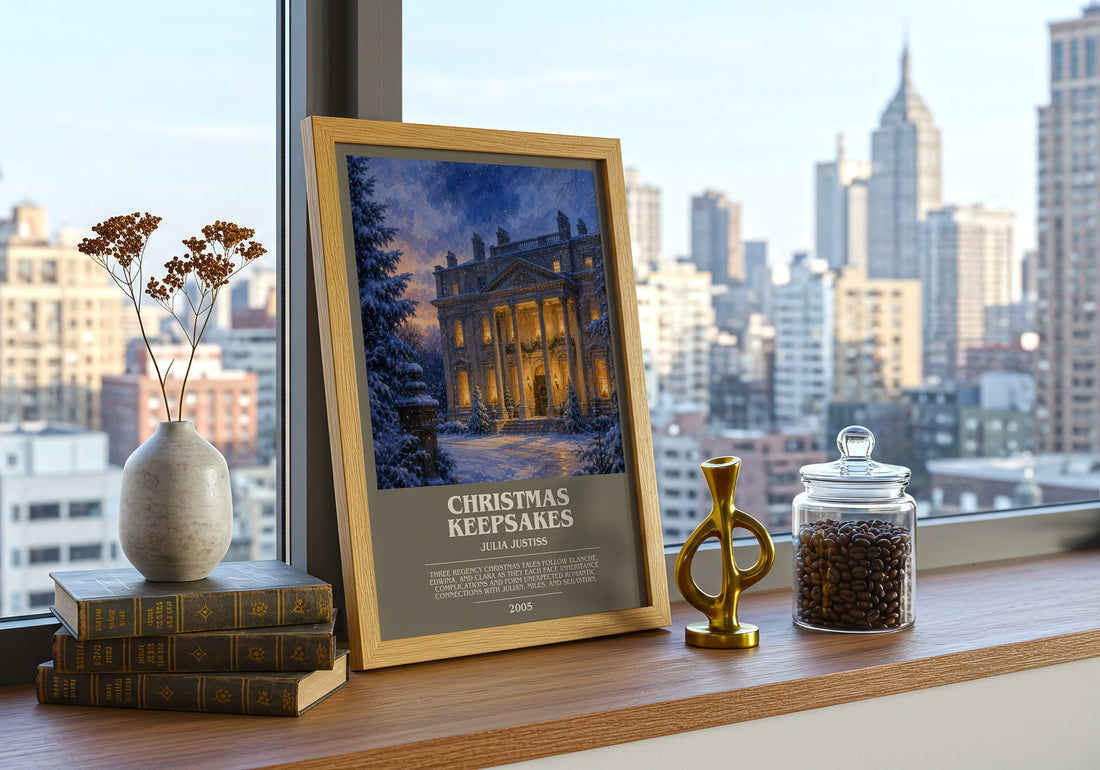 Christmas Keepsakes bookish print framed by window – literary home decor