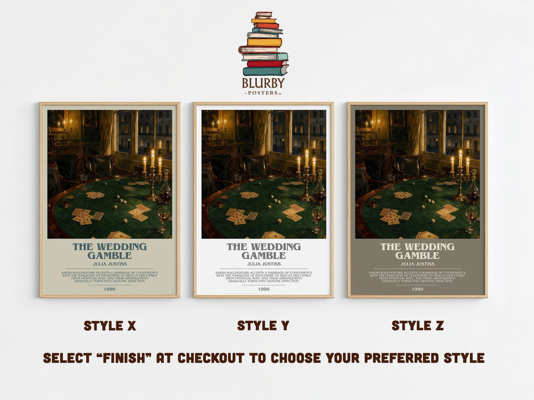 The Wedding Gamble bookish print in frame leaning in hallway – romance wall art (mockup)
