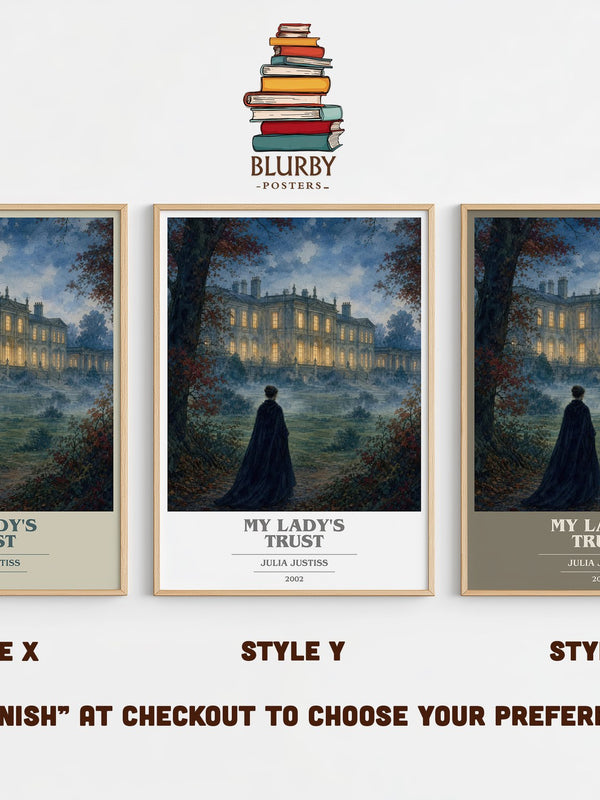 My Lady's Trust book cover print in frame leaning in hallway – romance wall art