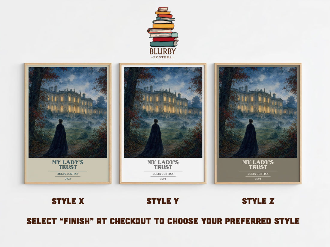 My Lady's Trust book cover print in frame leaning in hallway – romance wall art (mockup)