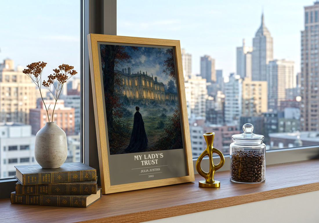 My Lady's Trust book cover print framed by window – literary home decor