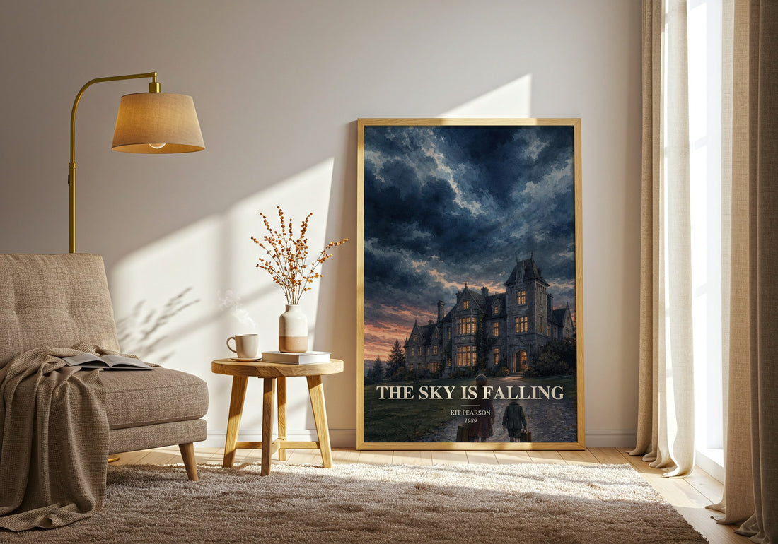 The sky is falling watercolour print in frame leaning in hallway – young adult wall art