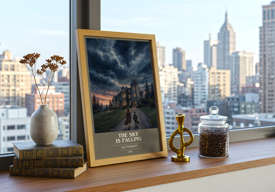 The sky is falling book cover print framed by window – literary home decor