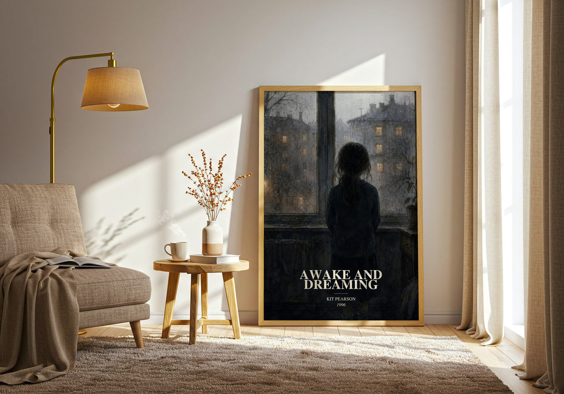 Awake and Dreaming watercolour print in frame leaning in hallway – childrens wall art