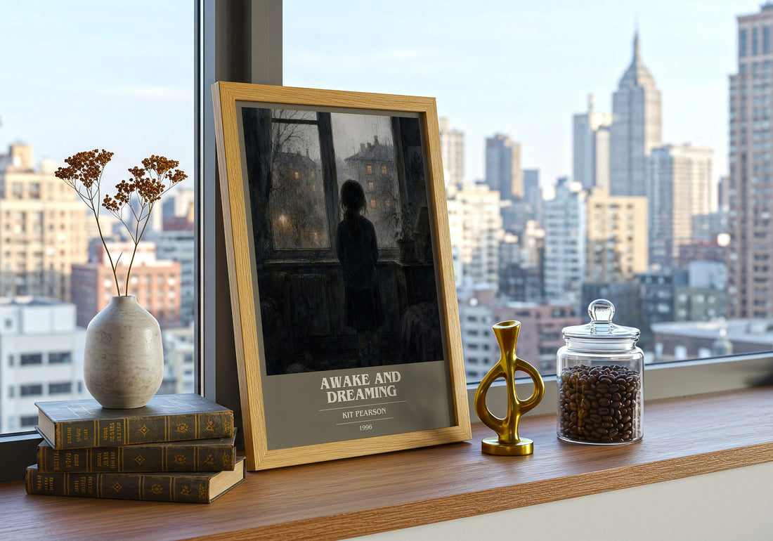 Awake and Dreaming book cover print framed by window – literary home decor