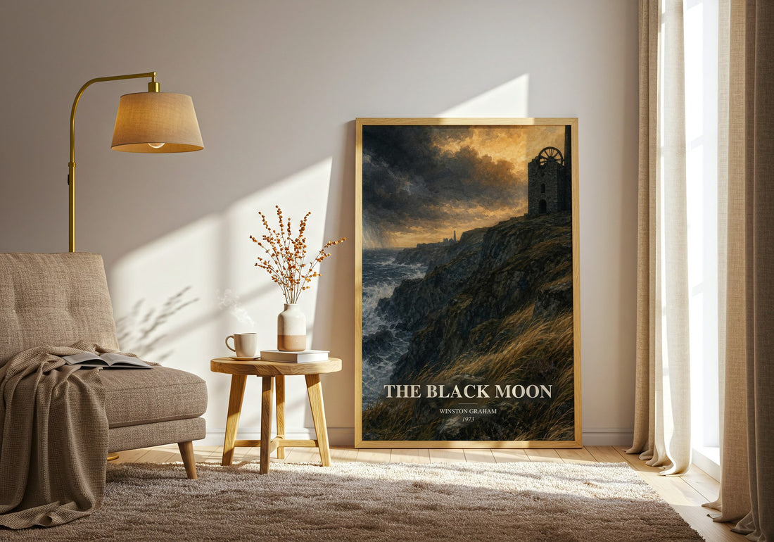 The black moon watercolour print in frame leaning in hallway – historical fiction wall art
