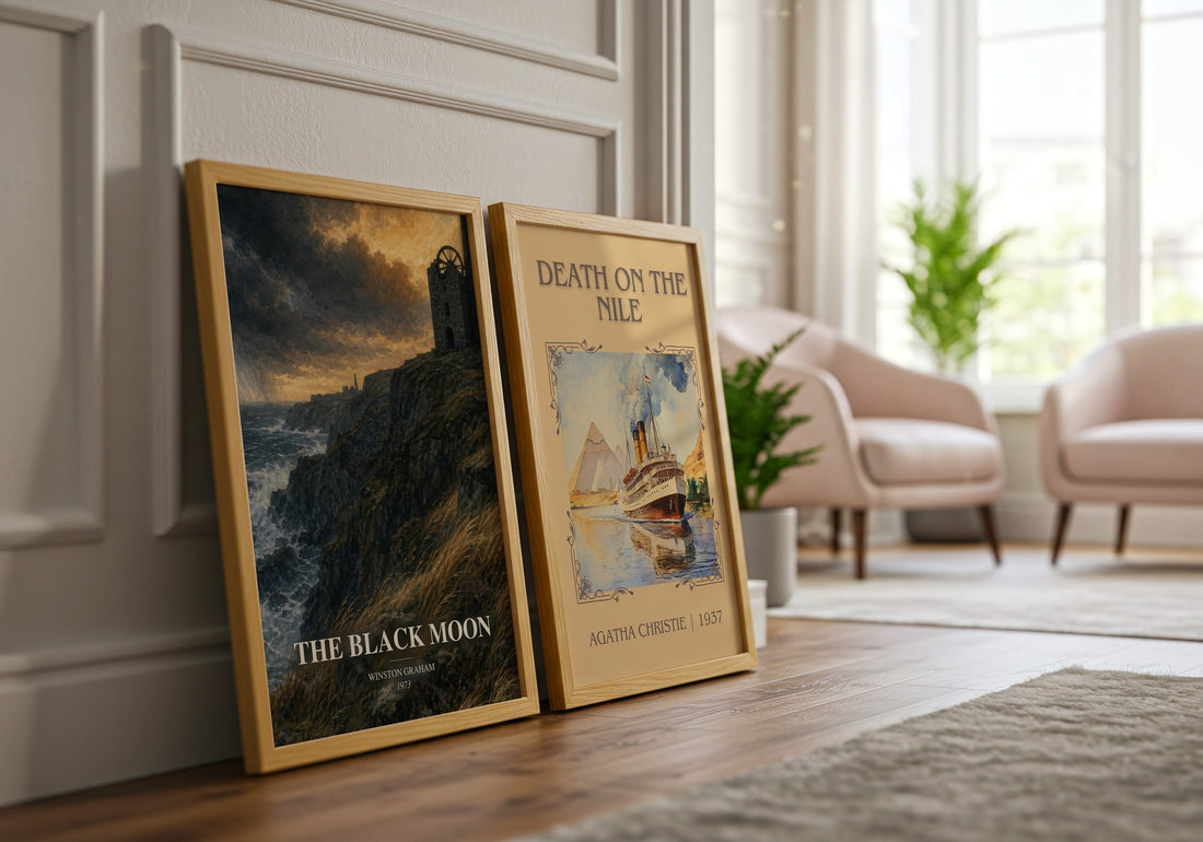 The black moon watercolour print framed by window – literary home decor