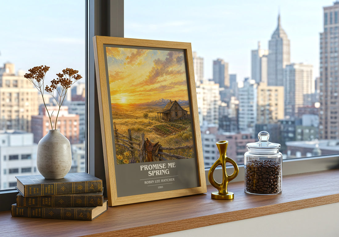 Promise Me Spring book cover print framed by window – literary home decor