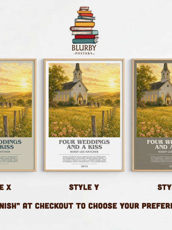 Four weddings and a kiss bookish print in frame leaning in hallway – romance wall art