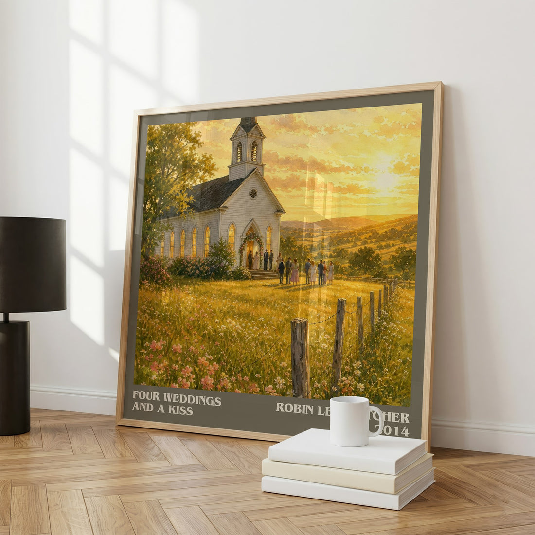 Four weddings and a kiss literary print framed by window – literary home decor