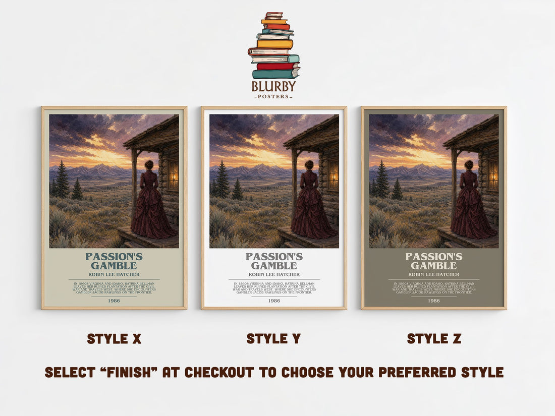 Passion's gamble bookish print in frame leaning in hallway – romance wall art (mockup)