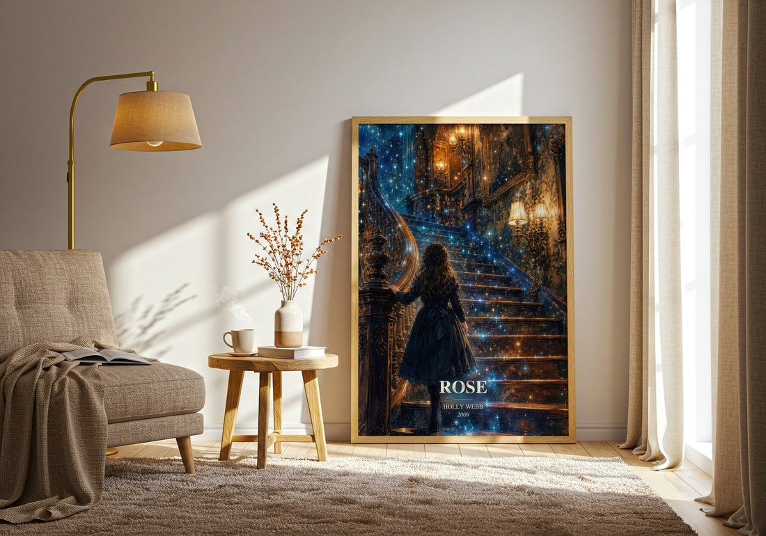 Rose watercolour print in frame leaning in hallway – childrens wall art
