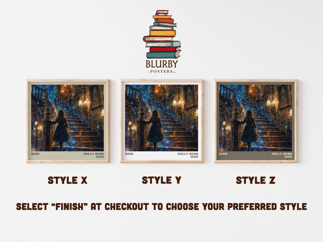 Rose literary print in frame leaning in hallway – childrens wall art (mockup)