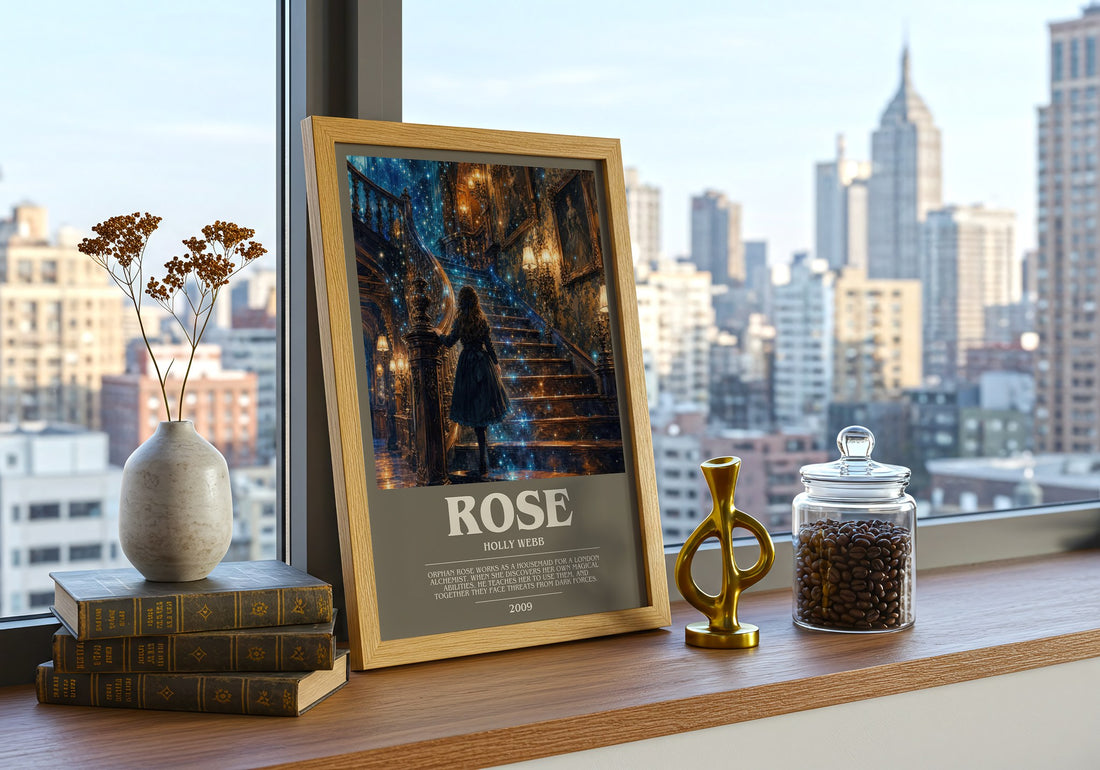 Rose bookish print framed by window – literary home decor