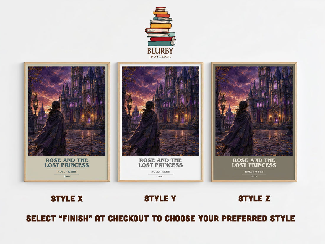 Rose And The Lost Princess book cover print in frame leaning in hallway – childrens wall art (mockup)