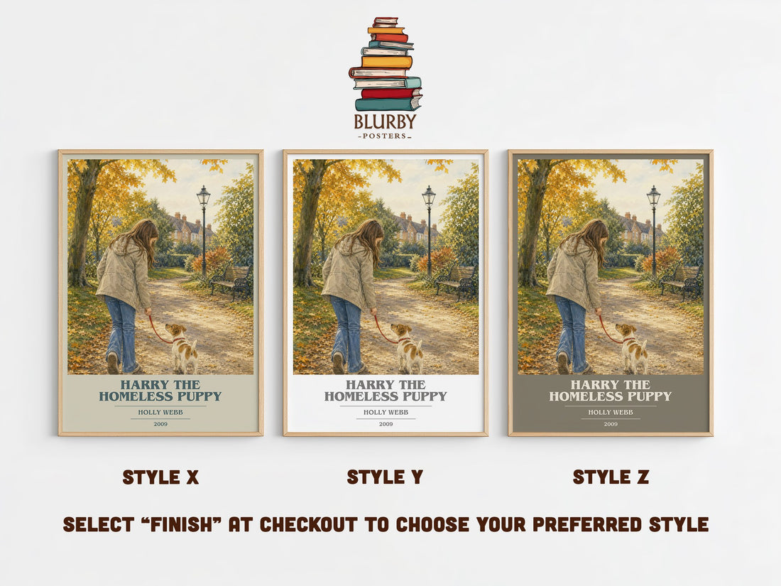 Harry the Homeless Puppy book cover print in frame leaning in hallway – childrens wall art (mockup)