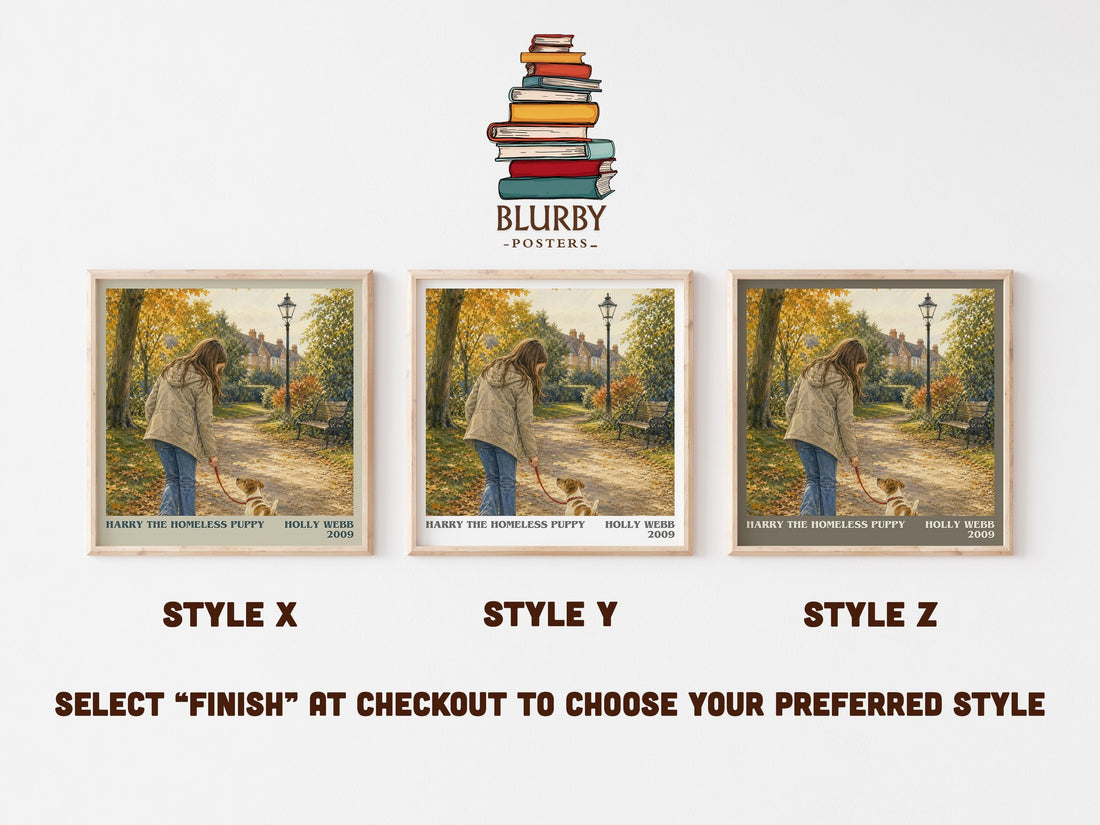 Harry the Homeless Puppy literary print in frame leaning in hallway – childrens wall art (mockup)